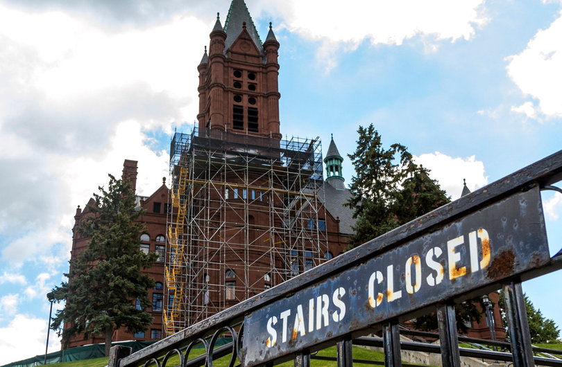 Scaffolding remains along the front of Crouse College as crews work on masonry restoration. Photo taken by July 11, 2017