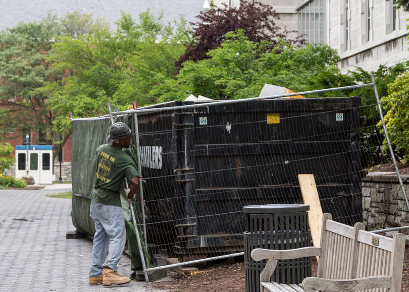 A giant garbage container houses the waste from the process to upgrade classrooms in the Hall of Languages. Photo taken by July 11, 2017