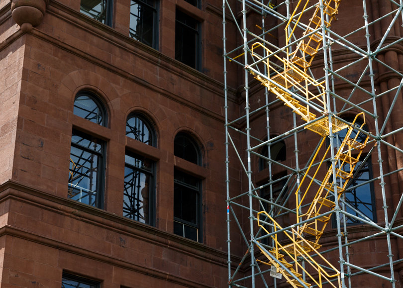 Here's a close-up look at the scaffolding along the façade of Crouse College. Photo taken July 18, 2017
