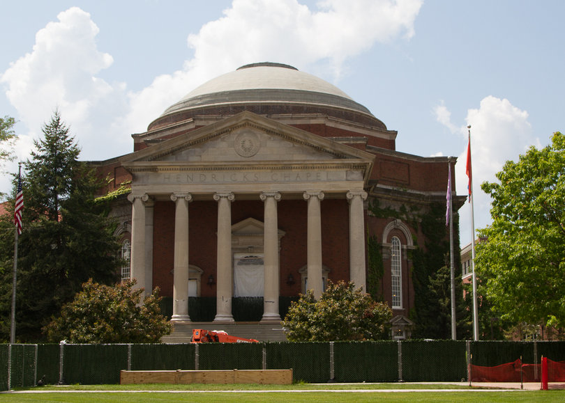 Crews have started work on the new limestone walls along the stairs leading to Hendricks Chapel. The project is expected to be fully completed by October. Photo taken Aug. 1, 2017