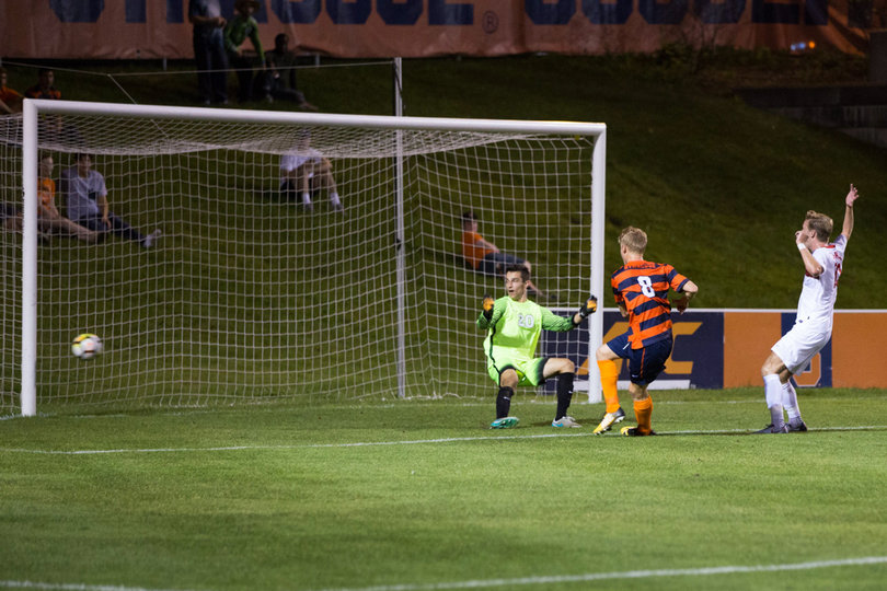 Jonathan Hagman missed a shot from right in front of the net. It would have won SU the game. 