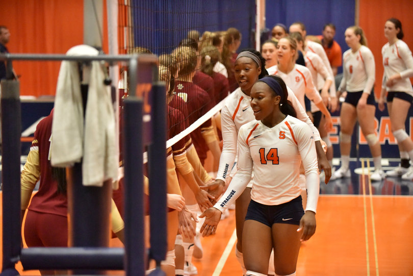 Players shake hands after Syracuse's win. The Orange travel to Pittsburgh for its second ACC game Friday Sept. 22.