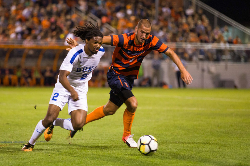 Johannes Pieles did not start Friday night but used slide tackles and physicality to combat Duke's offensive pushes.