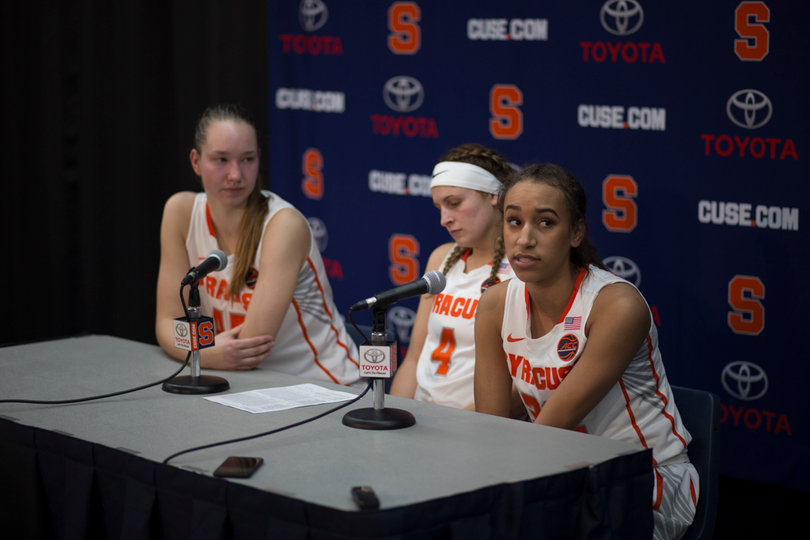 From left to right, Strautmane, Mangakahia and Drummond answered questions postgame.