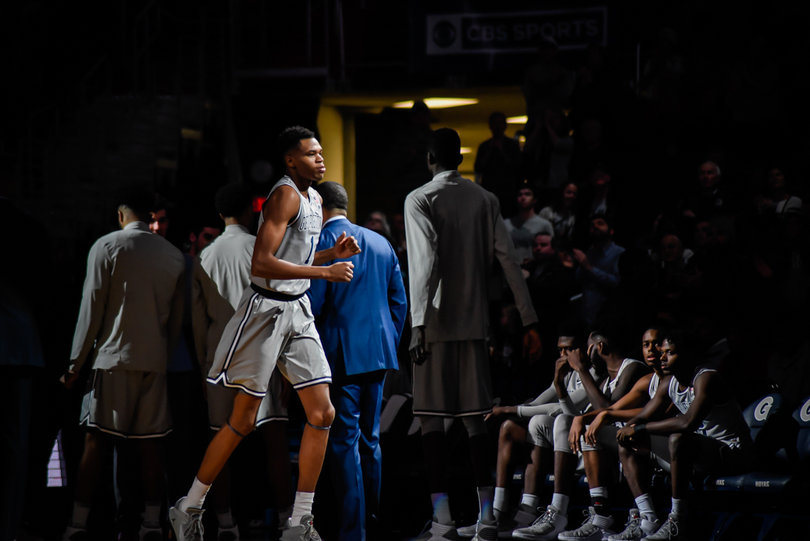 Georgetown's starters were announced in a darkened Capital One Arena.