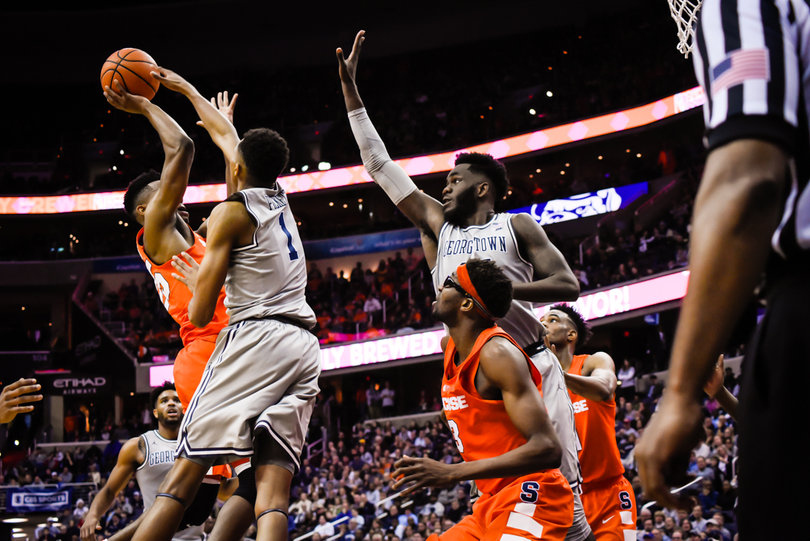 Battle goes up for a contested look.