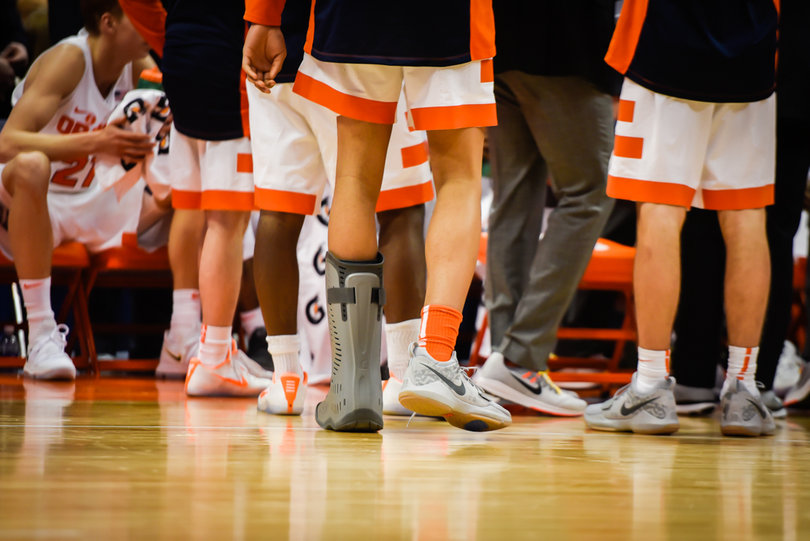 Moyer returned to the bench in a walking boot. He will be evaluated further on Thursday.