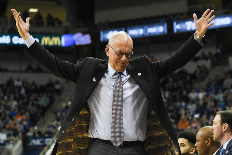 Jim Boeheim gets animated on the bench as he's known to do through out the game. 