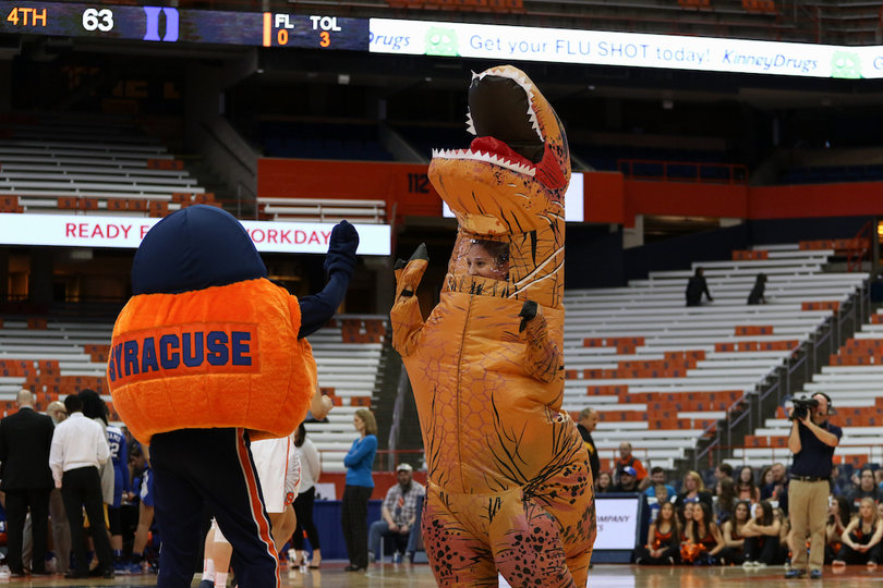 In the fourth quarter, a dinosaur-suited person and Otto the Orange had a dance battle.