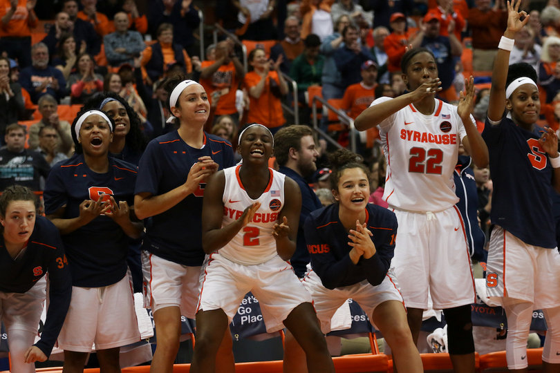 Syracuse's bench gets fired up in front of 2,666 fans in the upset.