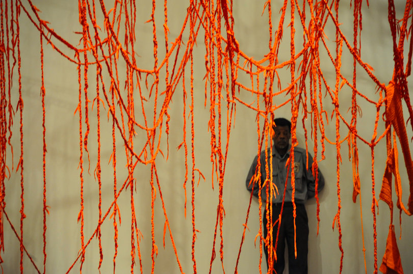 A close up of one of Pepe's works of art. Pepe's exhibition is titled "Hot Mess Formalism."