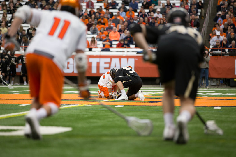 Danny Varello (center left) didn't excel at the faceoff X, but won when it mattered.