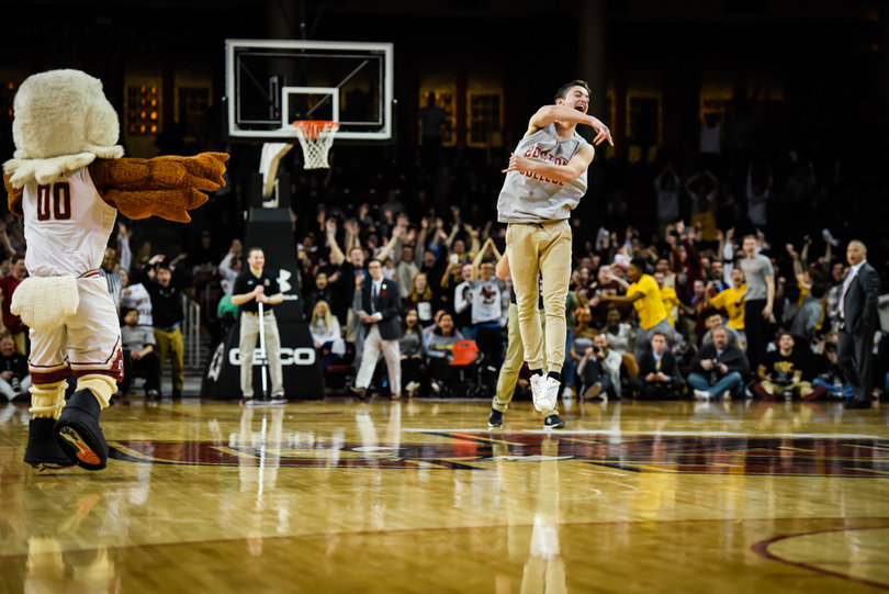A Boston College student won $2000 during a timeout by making a layup, free throw, 3-pointer and half-court shot during the stoppage.