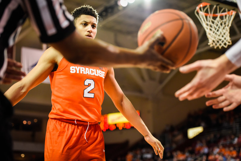 Matthew Moyer waits to defend an inbounder.