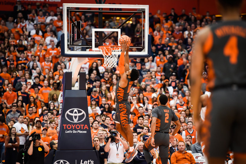 After a steal by Marcquise Reed, Gabe DeVoe dunked within the first 20 seconds of the game. It prompted Syracuse head coach Jim Boeheim to call timeout. 