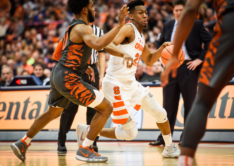 Battle looks to create space to his left in the first half. He had three turnovers in 40 minutes of play.