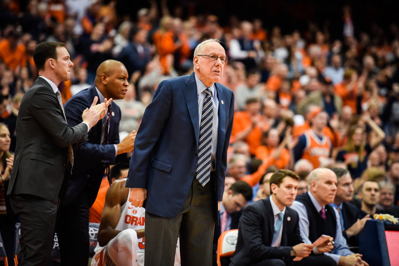 Boeheim reacts to Battle's layup after Frank Howard's steal, early in the second half.