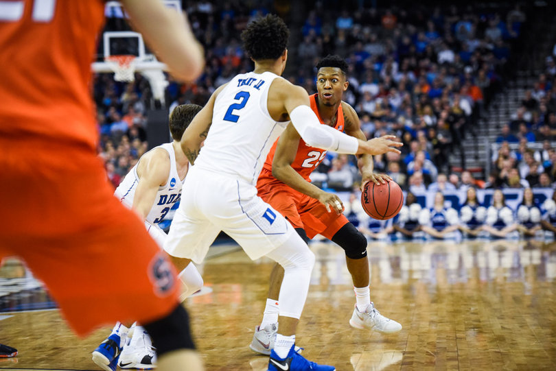 Duke ran a 2-3 zone and soft full-court press all game, but Syracuse scored more points (65) than it had in any game this Tournament. 