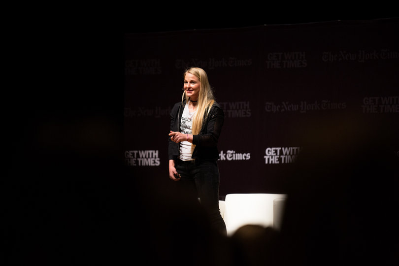 Rock climber Emily Harrington opened the event, speaking about the challenges and victories of facing fear. She was brought by The North Face, one of the event sponsors.
