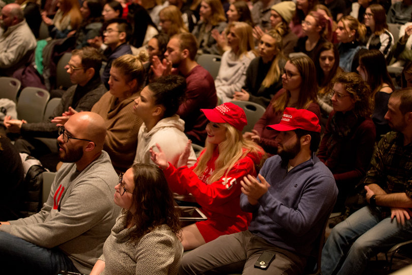 The crowd was made up mostly of women, and some people expressed support for President Donald Trump with "Make America Great Again" hats.