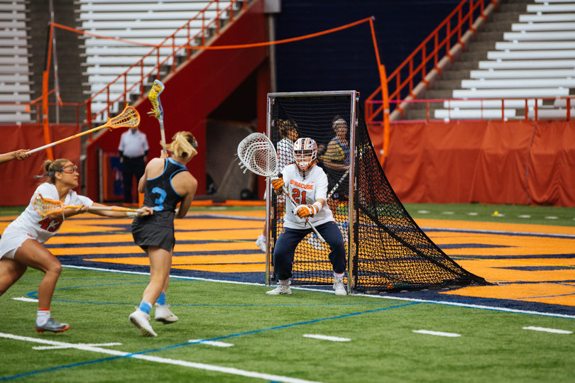 Asa Goldstock had eight first-half saves to keep Syracuse in the game for a stretch.