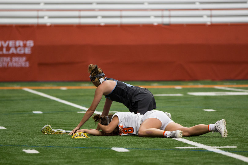 SU was knocked down on numerous drives to the cage, including one sequence where Merola was fouled on her first free-position attempt before scoring on a second.
