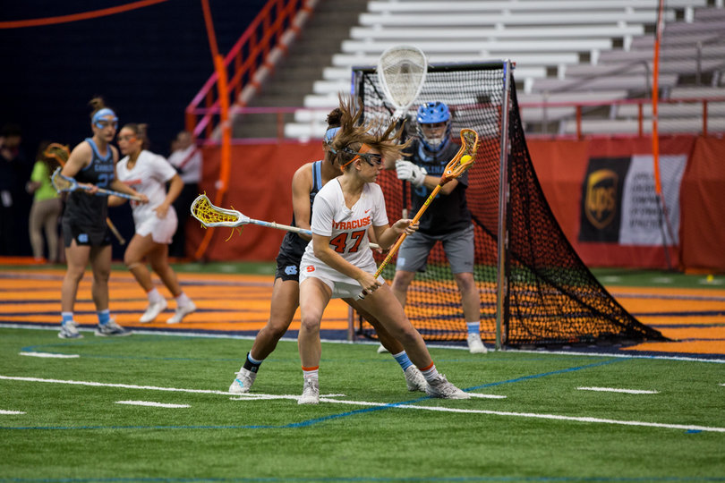 SU's Molly Carter tried spinning by defenders a number of times but rarely broke free.