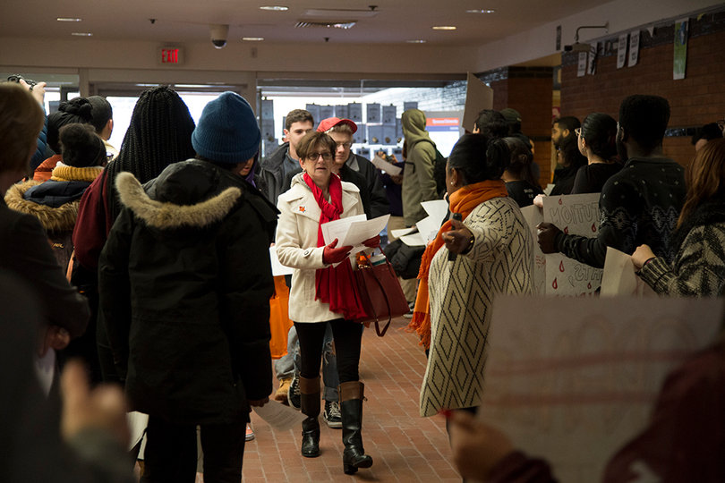 The protest coincided with  SU's Spring Reception for accepted students.