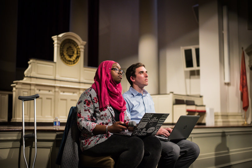 Ghufran Salih (left) and Kyle Rosenblum, Student Association president-elect and vice president-elect, respectively, attended the Wednesday forum.