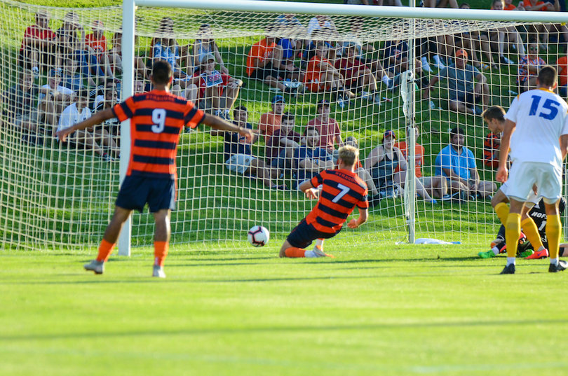 Severin Soerlie puts in the shot for SU's first goal.