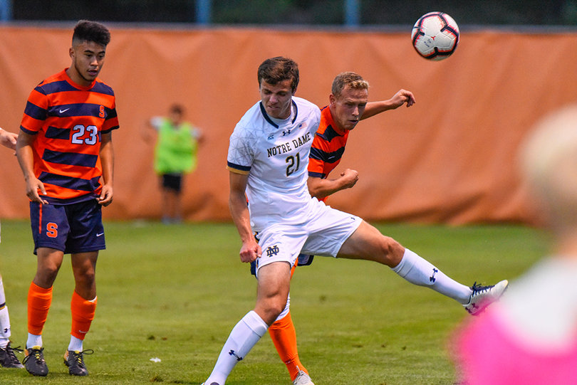 Thomas Ueland (No. 21) scored a goal for the Fighting Irish, their second.
