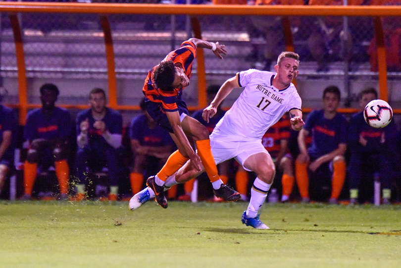 Senan Farrelly (No. 17) put a shot on goal for the Fighting Irish. 
