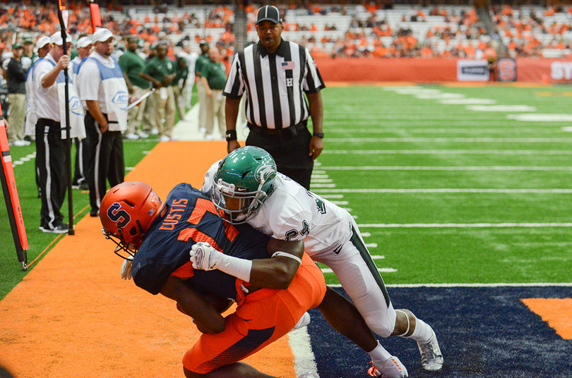 Custis comes down with a catch on the out of bounds line in the corner of the endzone.
