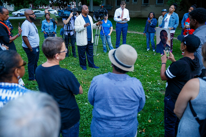 Rev. Phil Turner addresses attendees of a prayer vigil on Friday, Sept. 21. 