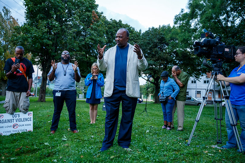 Rev. Phil Turner addresses attendees of a prayer vigil on Friday, Sept. 21. 