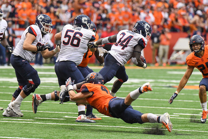 UConn had 178 yards on 39 rushing attempts.