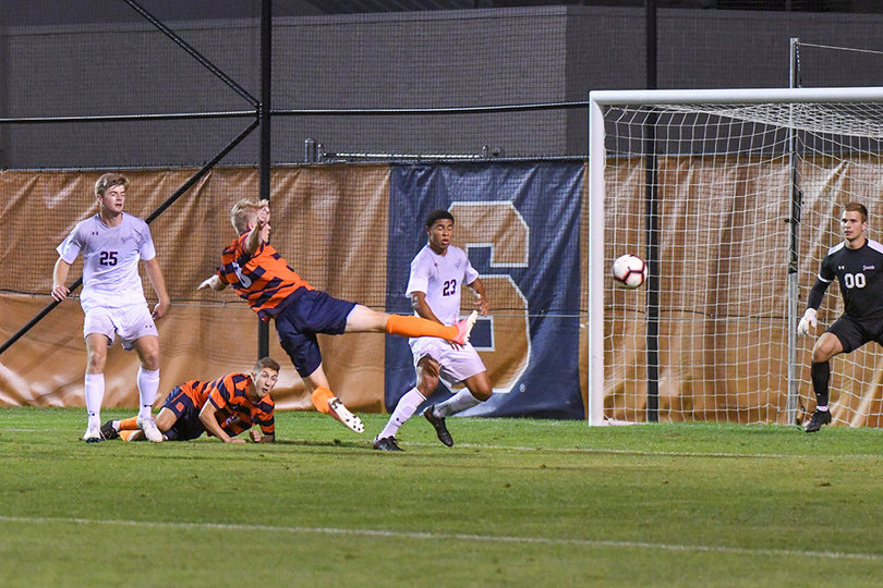 Jonathan Hagman gets off one of SU's best shots of the night, but it sailed right of the goal. 