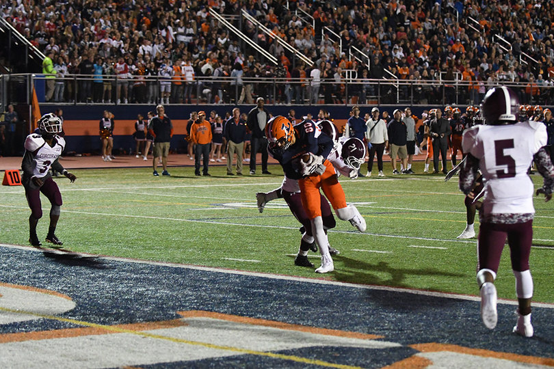 Joseph Valerino catches the first touchdown of the game for Liverpool, a 10-yarder. 