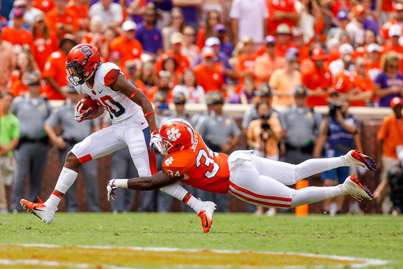 Taj Harris made one of the biggest plays of the day for SU and finished the game with three catches for 66 yards.
