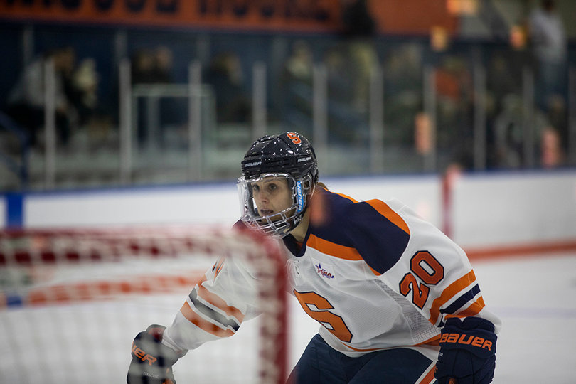 Anonada Hoppner closes in on the puck in Saturday's scrimmage. 