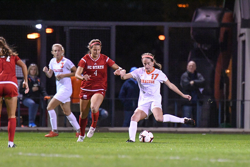 Mackenzie Vlachos winds up to kick the ball. She recorded an assist in the game.