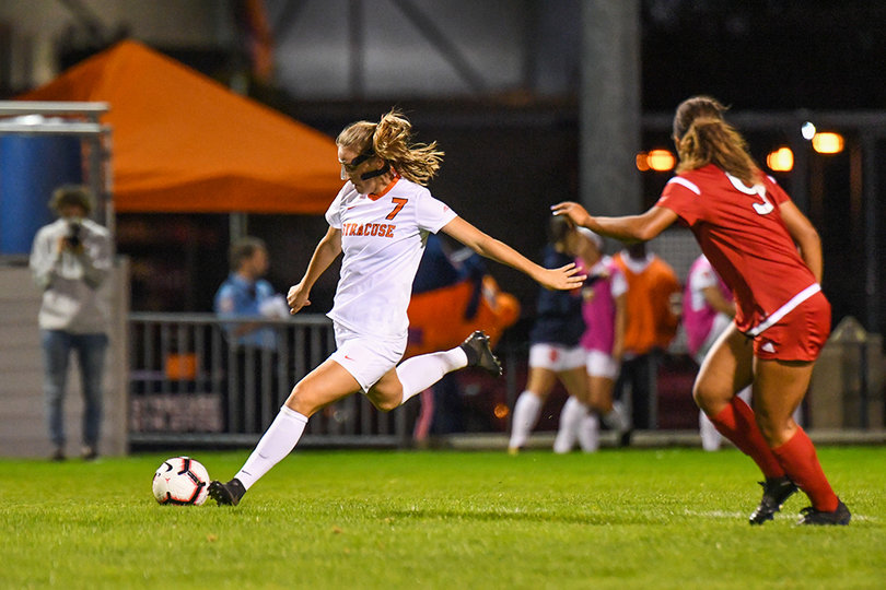 Taylor Bennett boots the ball. She had two shots for SU.
