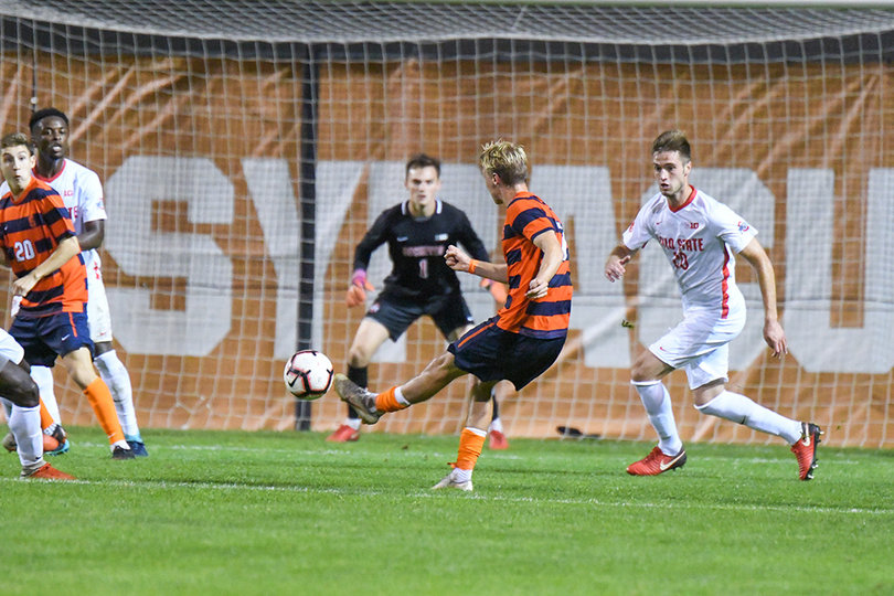 Severin Soerlie fires a shot. He started for the first time in five games in the place of Tajon Buchanan, who was suspended, for the game, after being issued a red card Friday.