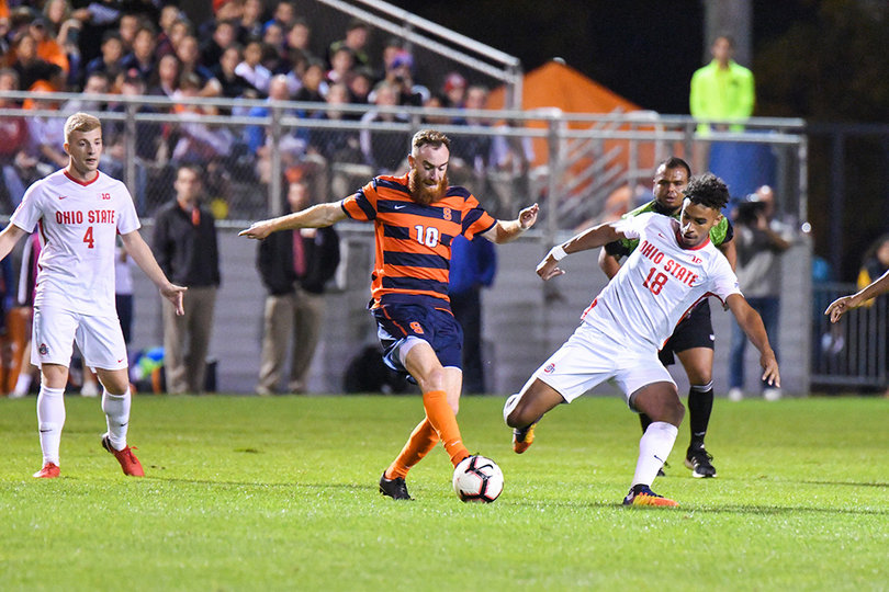 Hugo Delhommelle handles the ball in the middle of the field. 