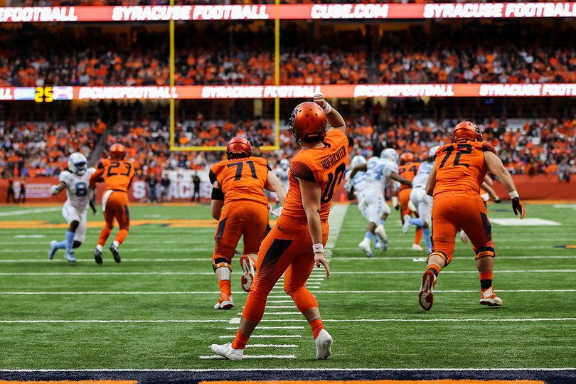 Sterling Hofrichter watches as his punt sails into the air.