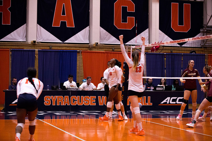 Syracuse players celebrate after pulling ahead of Boston College.