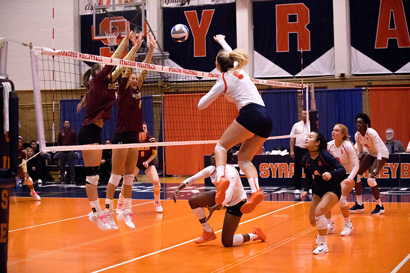 Kendra Lukacs helps secure the win against Boston College in the final set