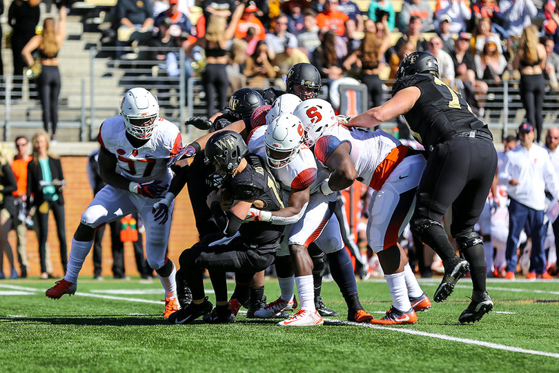 Wake Forest's quarterback, Sam Hartman, was sacked five times.