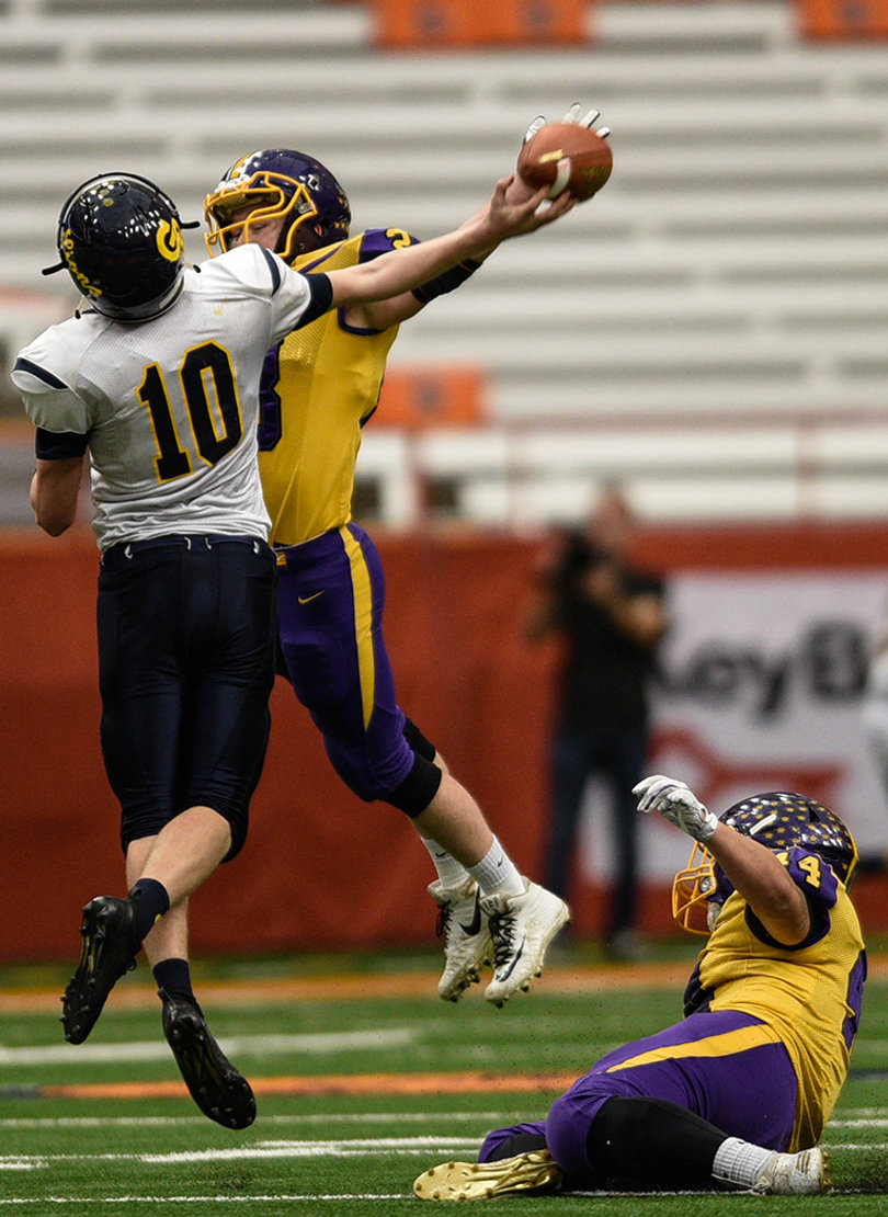 General Brown quarterback Jake Heller had this pass blocked by a Holland Patent defender.