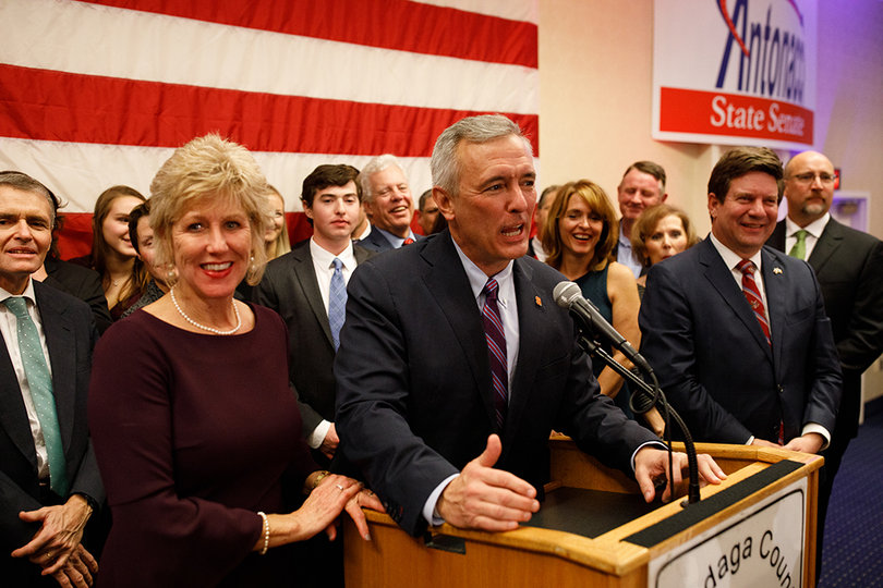 Rep. John Katko (R-Camillus) delivers a victory speech in the Sheraton Syracuse University Hotel & Conference Center. 